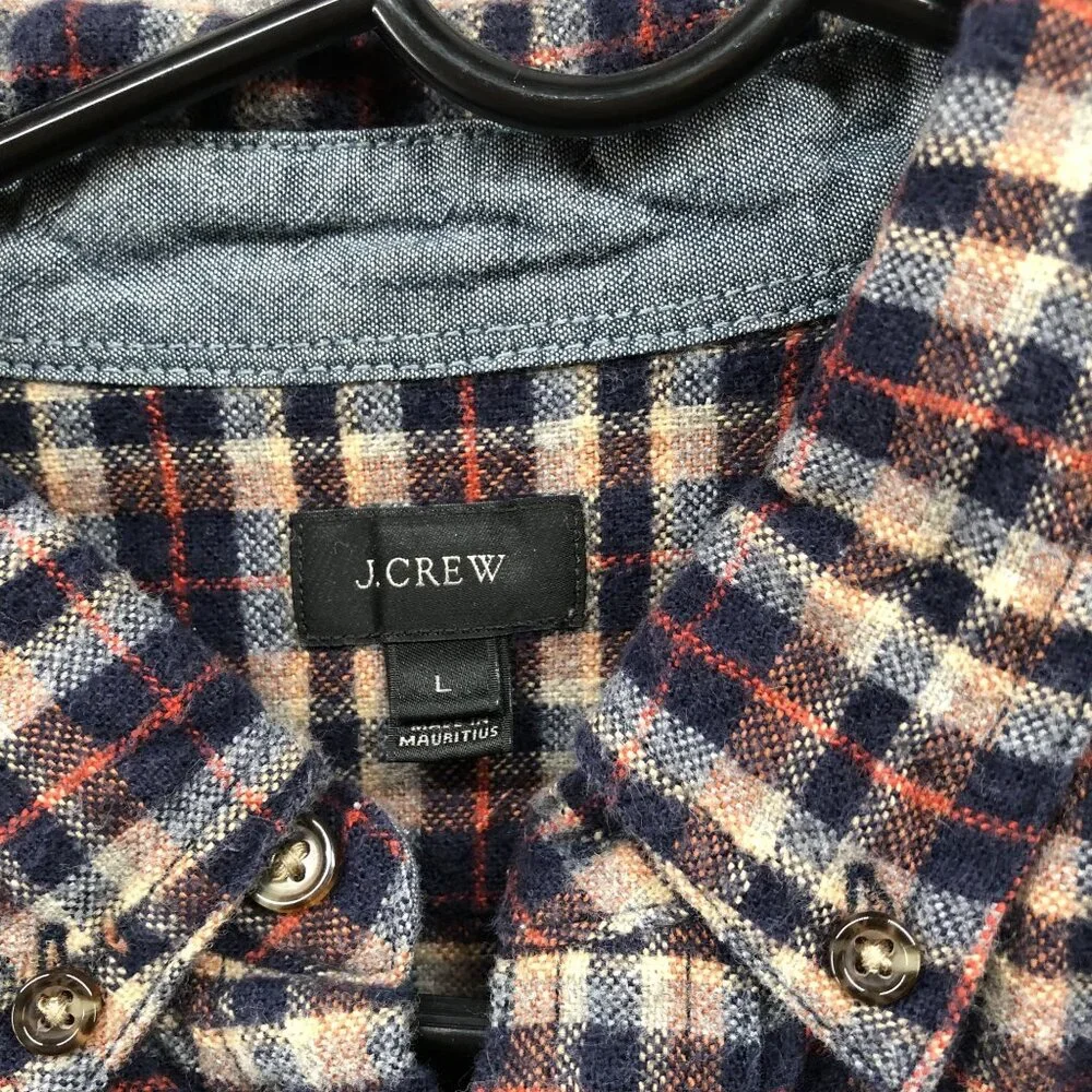 J. Crew Flannel‎ Shirt Mens L Elbow Patch Brown Blue Plaid Long Sleeve